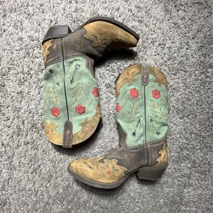 Laredo Miss Kate Floral Tooled Inlay Snip Toe Cowboy Brown Casual Boots Size 9